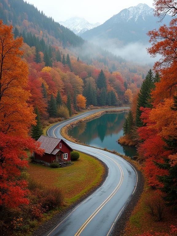 High-resolution autumn landscape featuring a winding road through a vibrant forest with red orange golden foliage. Cozy houses including a charming red cottage near a still lake reflecting surrounding trees. Misty mountains in the background add mystique, serene fall scene nestled in nature’s colorful embrace.
