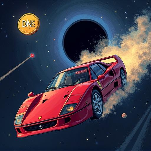 Ferrari F40 races through outer space. Black hole looms behind the car. Above, a coin with DNS letters. Blue cartoon penis included.