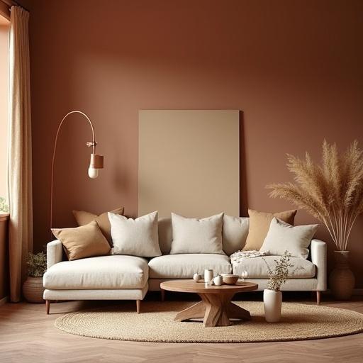 Warm and cozy living room with earthy tones. Colors include terracotta, clay, olive green, beige, and warm browns. Features linen or jute rugs and ceramic vases. Rattan accents present. Soft ambient lighting with dried pampas grass in a vase. Clay tile or oak flooring with soft shadows and a warm glow. Organic, grounded, and serene aesthetic. Include overlay text 'Earthy Tones Living Room Vibe' in elegant serif font. Text is centered with soft drop shadow for emphasis.