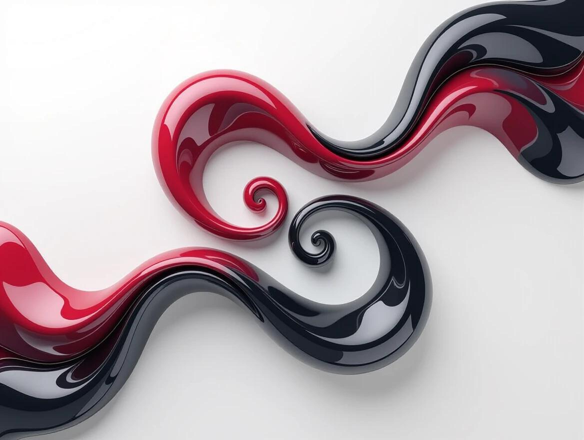 3D abstract image of a flowing ribbon with a smooth glossy appearance featuring a gradient from red to black to light grey. Set against a white background with subtle shading and shadows accentuating its wavy form.