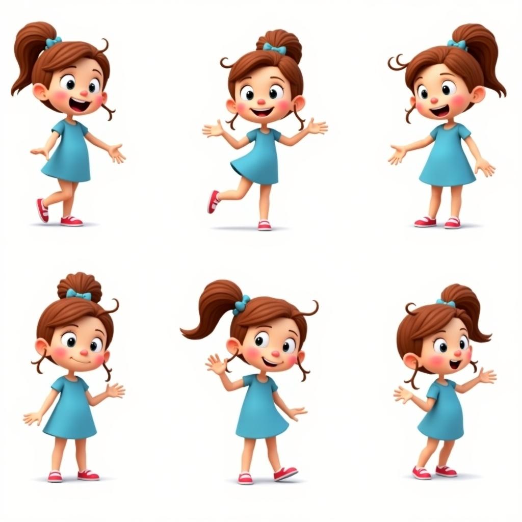 Create a 3D cartoon character of a young girl with brown hair wearing a short blue dress. Character exhibits expressions of shyness, excitement, and curiosity. Poses reflect movement and a lively personality. The visual theme is bright and cheerful, suitable for children's media.