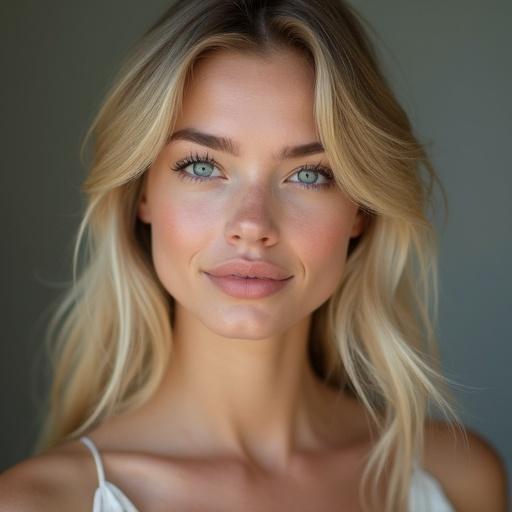 generate hyper-realistic portrait of Scandinavian woman 21 years old exceptionally beautiful youthful features symmetrical face slender figure fair skin big eyes smiling wearing dress 4k resolution