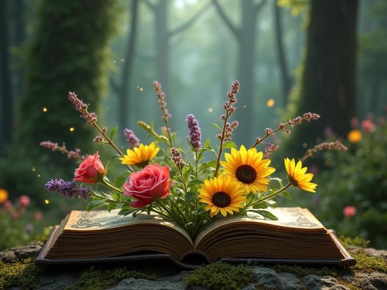 Hyperrealistic horizontal image of an antique book with embossed gold details. The book has flowers like sunflowers and roses sprouting from it in an enchanted forest setting. Background contains fuzzy trees and soft glowing moss. Dreamlike atmosphere with luminous particles.