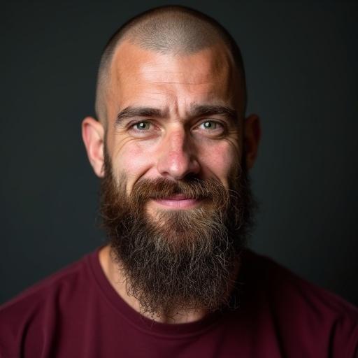 Captivating portrait of a man with green eyes and a long beard. The man has a shaved head and muscular physique. He is wearing a maroon t-shirt and has a shy smile. The emphasis is on natural features and warm expression.