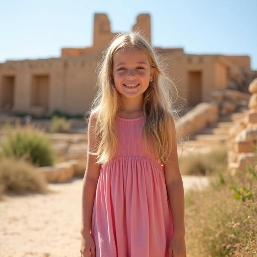 Professional photograph of smiling young girl in pink dress at Ġgantija archaeological site in Malta.