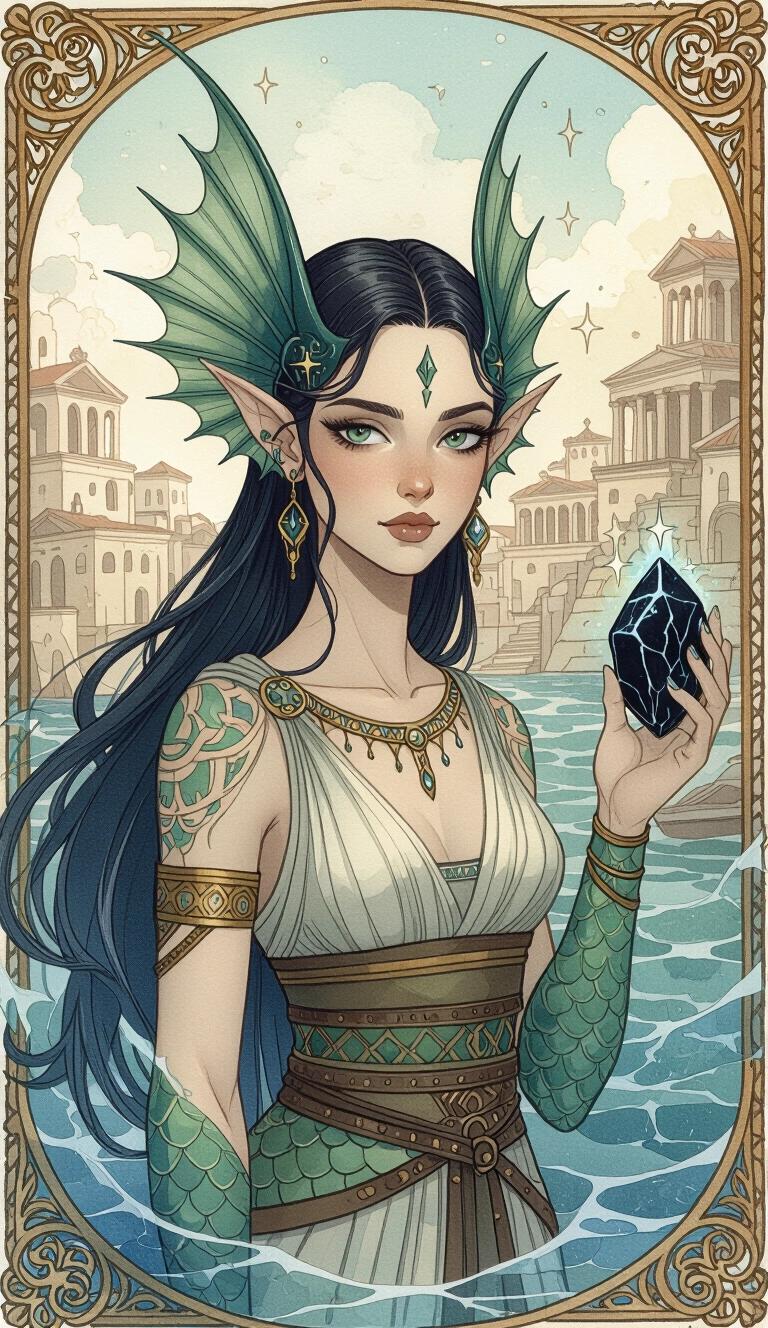 Dark watercolor illustration shows a Triton female with finned ears and green-blue scaled skin. Background is an ancient Grecian fantasy port city. She wears ancient Greek clothing and holds a magic black stone. Character has long slicked-back hair and cosmic elements. Youthful and voluptuous appearance.