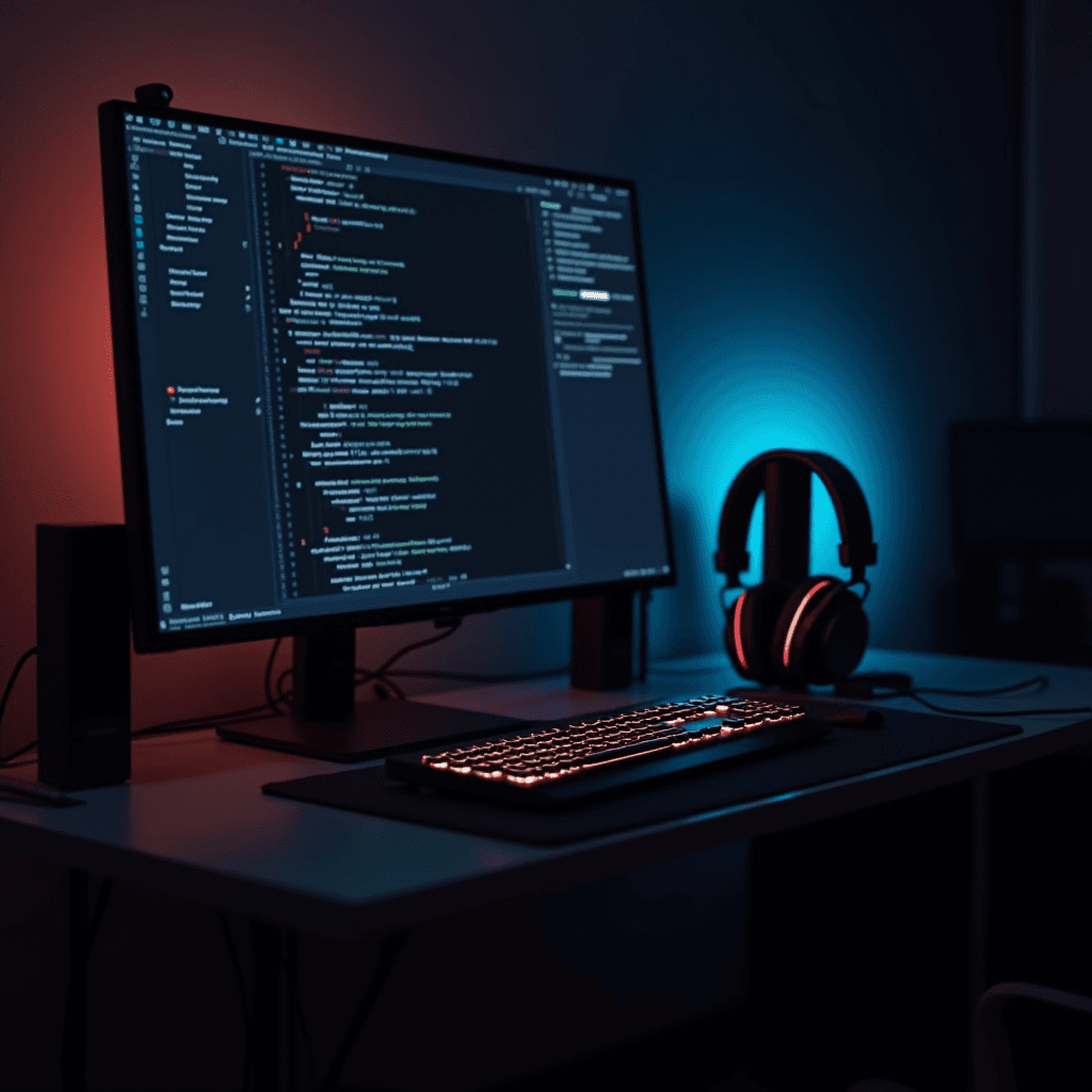 A dimly lit workspace with a computer screen displaying code, illuminated by red and blue lighting, accompanied by a glowing keyboard and a pair of headphones.