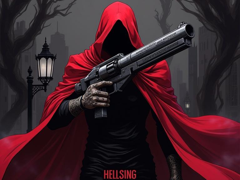 High quality anime style illustration depicting a menacing cloaked figure in a dark fantasy setting. Character wears a flowing scarlet-red cape. Figure holds a large futuristic gun. Dark background features swirling patterns and silhouette of a street lamp. Text 'HELLSING' is displayed prominently.