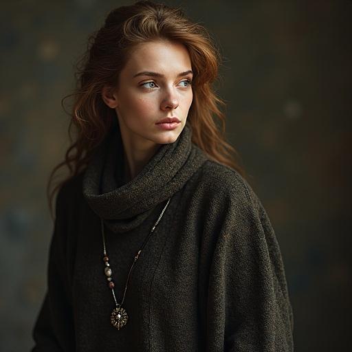 A woman with tousled hair in a dark tone sweater and a necklace with a pendant. She has a calm expression. The background is blurred with soft colors. Fantasy art style