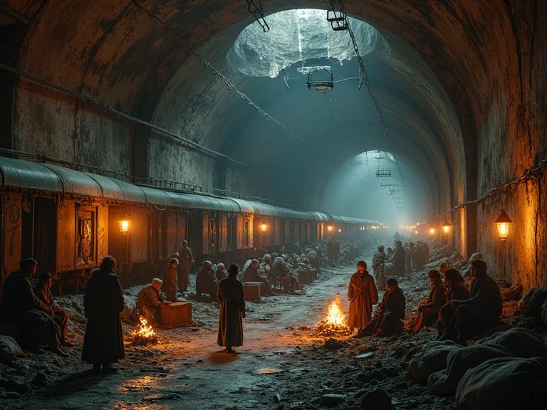 A photorealistic depiction of an abandoned subway station during the Collapse era. Dark tunnels partially lit by lanterns and campfires show survivors living underground. Groups in mismatched clothing gather around fires, cooking and repairing equipment. Some converse or sleep on makeshift beds. Rusted train carriages serve as shelters. Children play while adults watch. Scattered tools and supplies depict their organized daily life. Graffiti and grime adorn the walls, with exposed pipes overhead. Soft light filters from side tunnels, enhancing shadows.