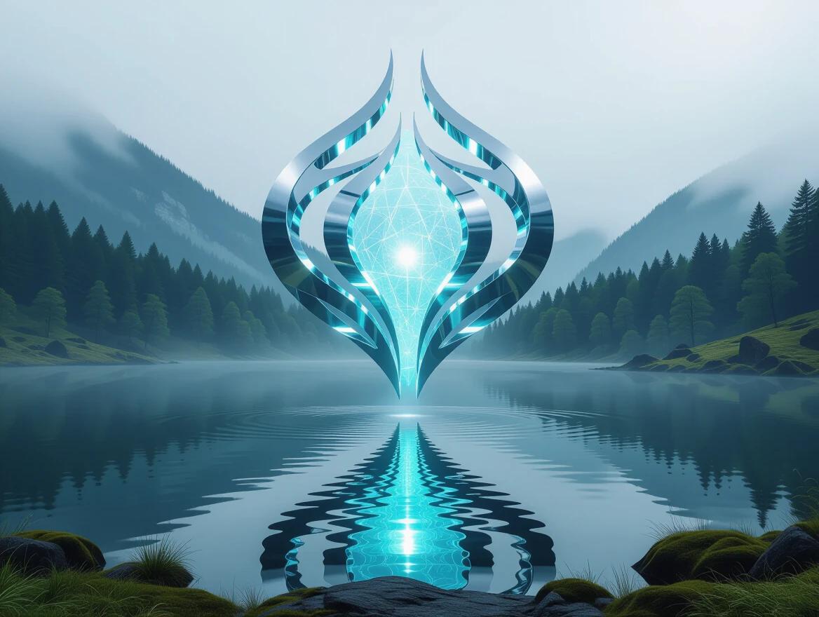 A stunning landscape with a wide view. A mysterious entity made of liquid chrome and holographic light floats above a misty lake. Surroundings include an ancient forest with moss. The entity has a three-dimensional neotribal shape with sharp edges and smooth curves. It serves as a light source with a soft glow. The chrome reflects a painterly landscape. The surface of the water shows holographic patterns. The overall atmosphere feels serene and mysterious. The artwork has thick, sculptural brushstrokes and a vibrant color palette.