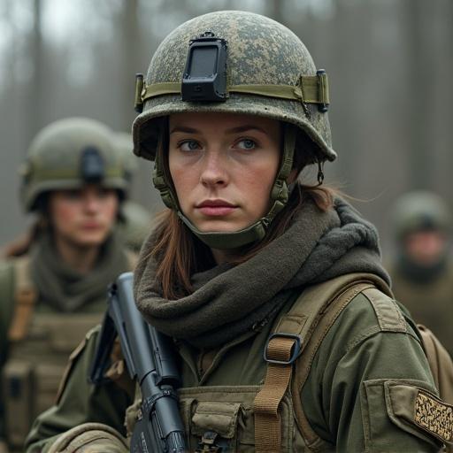 Woman in military attire stands at attention. She wears tactical gear and carries a firearm. Other soldiers are in the background. Environment appears to be a post or training area.