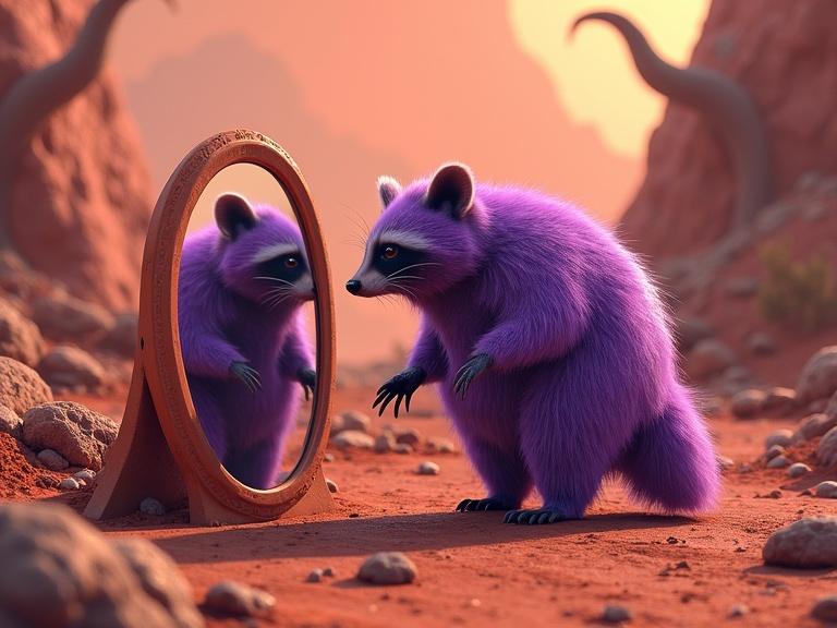 A whimsical purple raccoon looks into a warped mirror on the rusty surface of Mars. Fur is vibrant and glistens under pale sunlight. The reflection shows curiosity. Alien rocks and dust swirl around. Oversized Martian plants stretch toward the sky creating a surreal atmosphere.