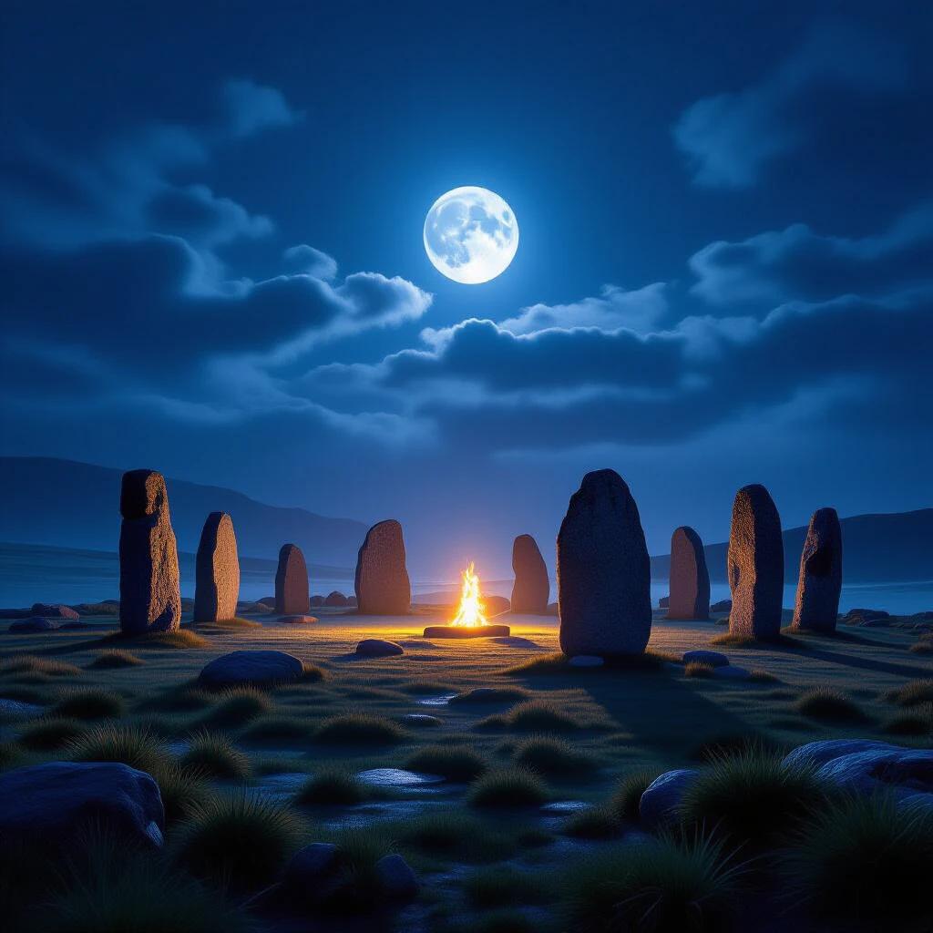 A stone circle stands tall in the moonlight. The scene captures a campsite with a flickering fire. The landscape is serene and mystical beneath a starry night sky.