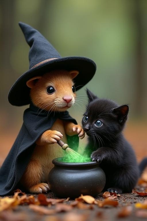 A baby capybara in a witch costume stirs a cauldron with a broom. A baby black kitten watches with curiosity. The scene is cozy with magical green mist.
