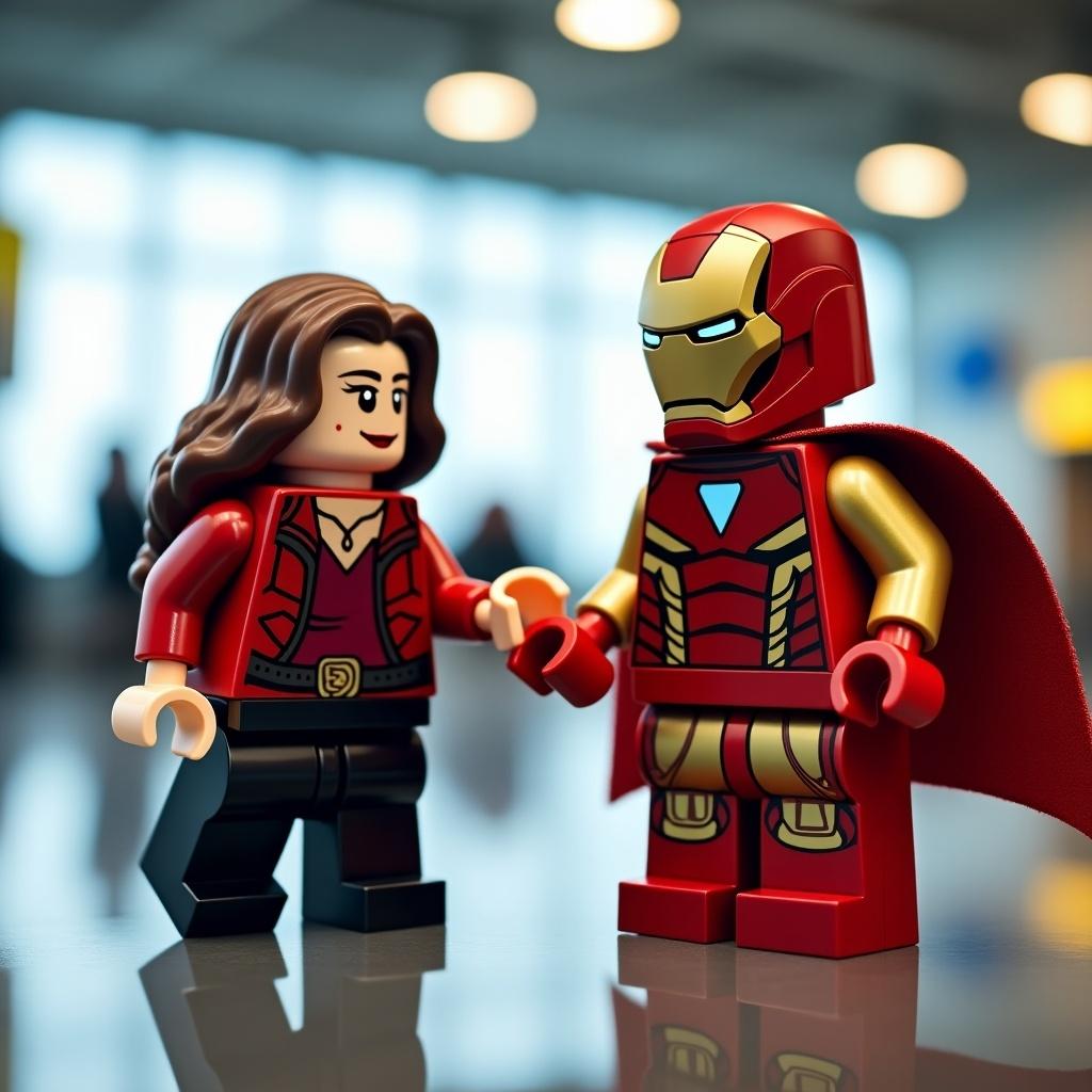 LEGO Scarlet Witch and Iron Man figures in an airport setting. Scarlet Witch is wearing red and black. Iron Man has a gold and red suit with a cape. They are facing each other, creating a playful scene.