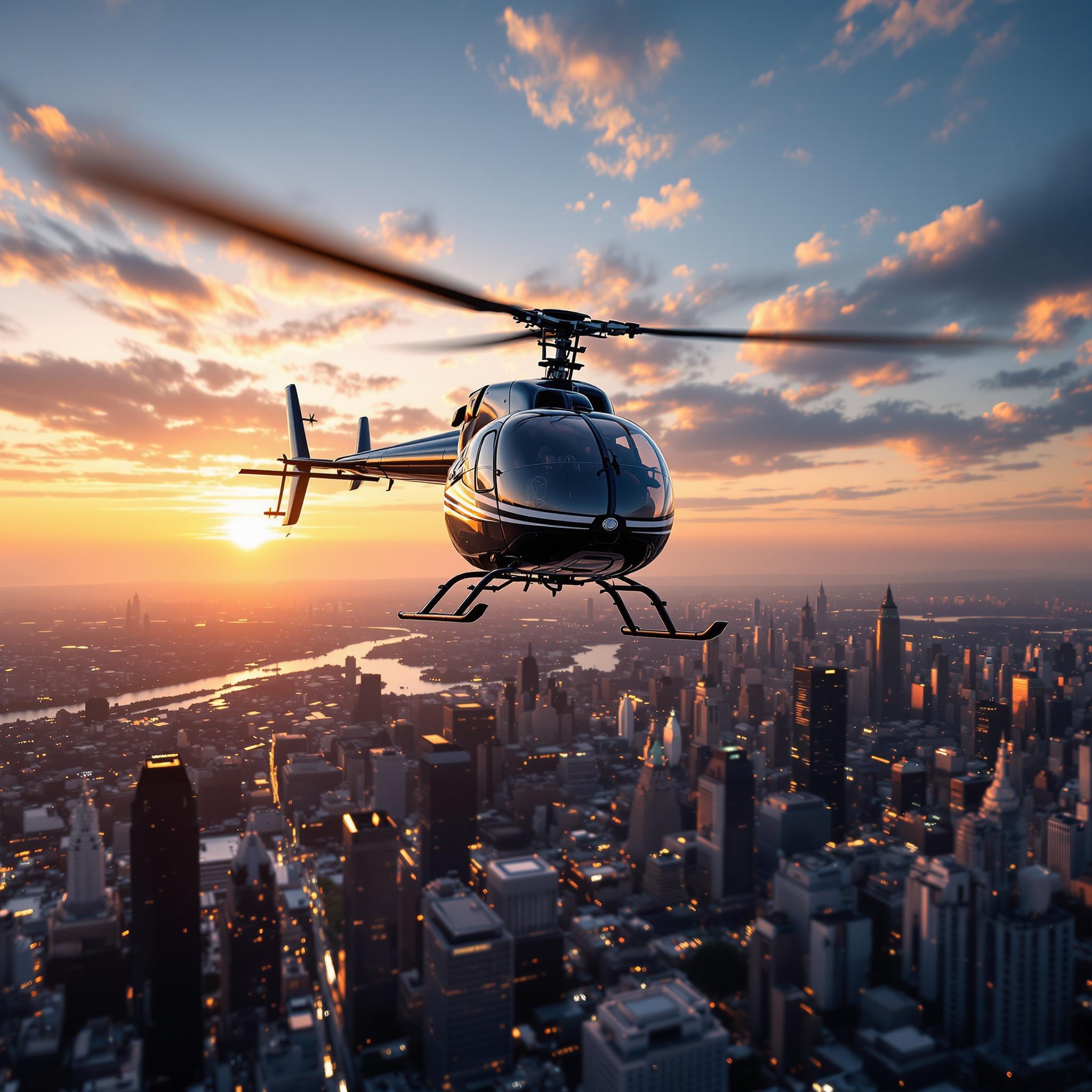 Helicopter flying over city at sunset. Left side view. Birdseye perspective shows city skyline. Hyperrealistic photography, high detail, professional stock image.