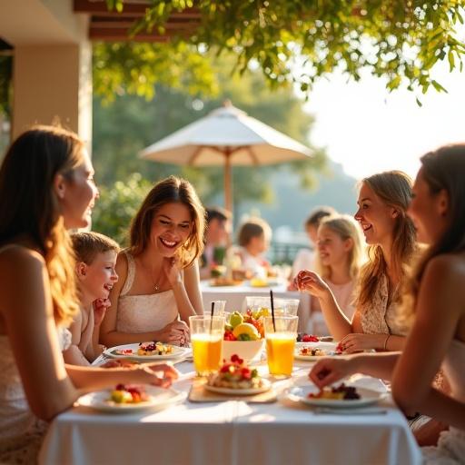 Photo image of a baby shower party on a restaurant veranda on a sunny day. Lots of moms, dads, and kids are playing. A table is set with fruit juices and sweets.