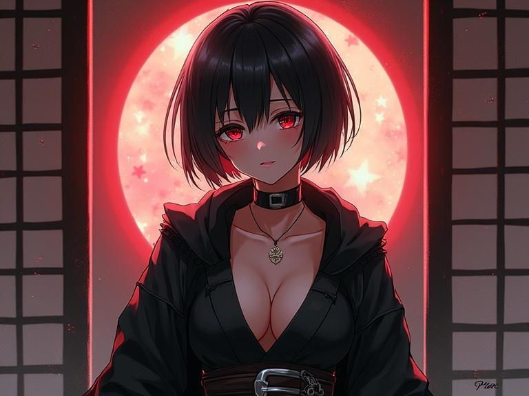 Anime character in a black ninja outfit. Short hair. Dark and sexy aesthetic with a glowing red background. Expressive eyes. Stylish pose. Emphasizing beauty and coolness.