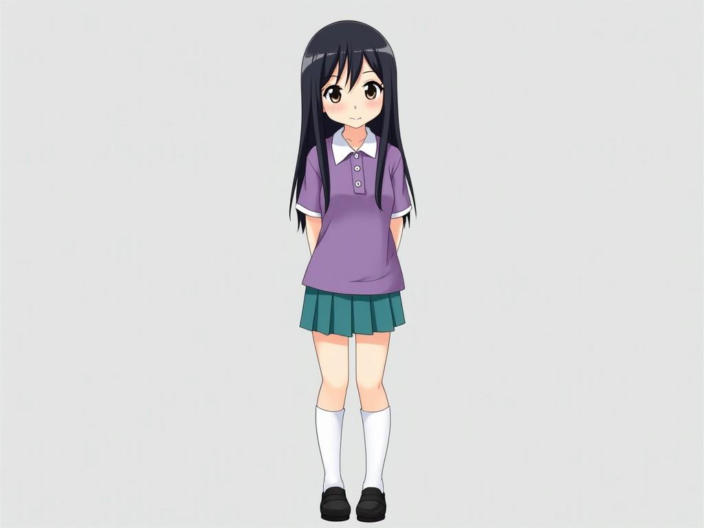 The image features a young anime-style character standing against a plain grey background. She has long, straight black hair and is wearing a school outfit, which includes a short-sleeved purple polo shirt with a white collar and a teal pleated skirt that reaches her knees. Her footwear consists of black shoes paired with white knee-high socks. The character is smiling gently and appears friendly, adding to her approachable appearance. The overall design is bright and colorful, reflecting typical anime aesthetics.