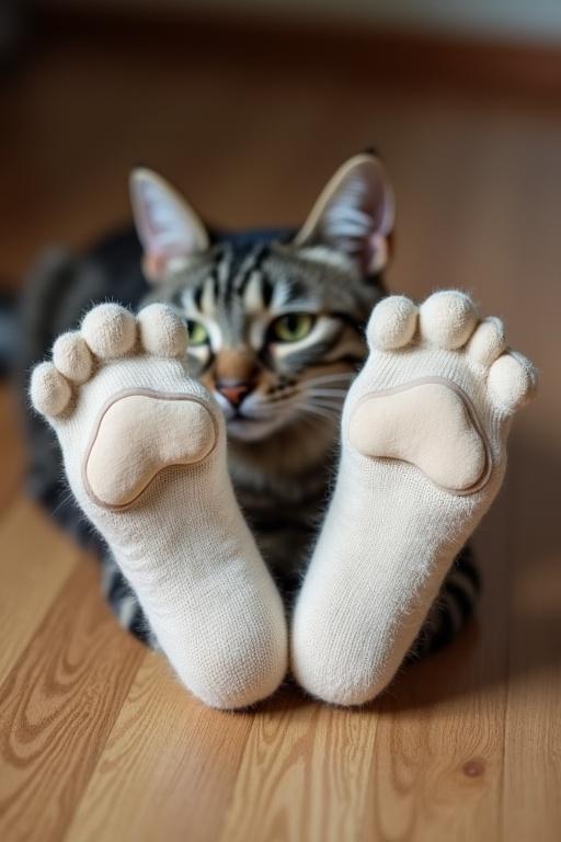 Tabby cat with paw socks laying on its stomach. Cat's soles are visible side by side. Socks show soft pads similar to animal paws. Cat has a relaxed expression.