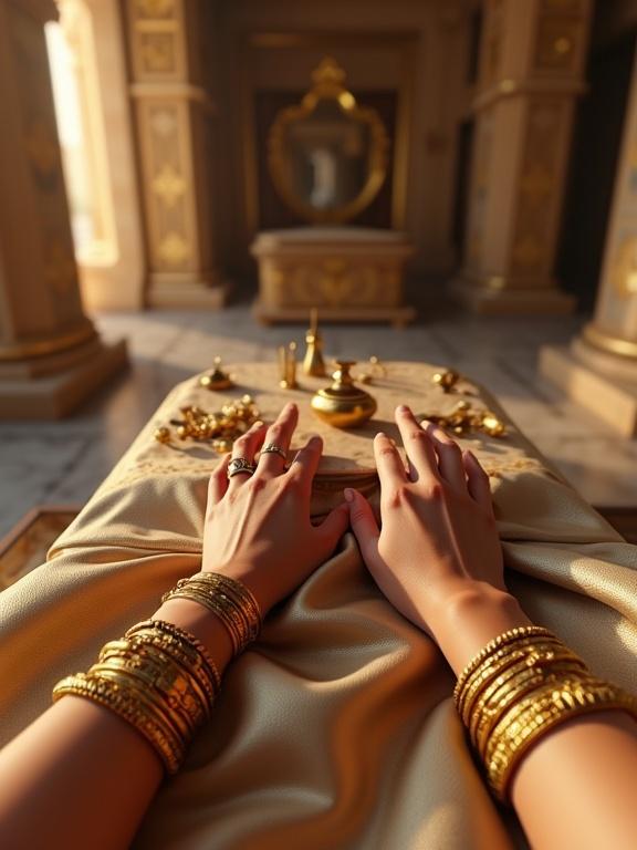 First-person view inside ancient Egyptian royal dressing chamber. Slim feminine hands adorned with golden bangles and rings resting on embroidered silk robes. Jewelry gleams. Carved ivory table with kohl jars and golden perfume bottles ahead. Warm sunlight filters through linen drapes affecting marble floor. No characters visible. Immersive VR perspective with ultra-realistic details.