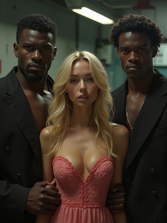 Blonde-haired woman in a low-cut sundress surrounded by two muscular men. Dark industrial background with a dramatic atmosphere. Image has low resolution, pixelated effect, and over-saturated colors.