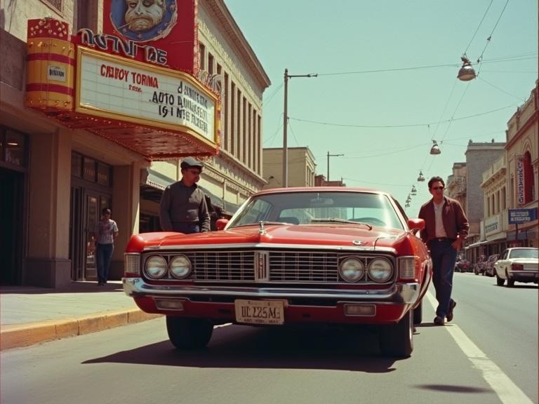 Scene evokes the atmosphere of a lively 1970s television show in Monterrey. Three characters walk along Avenida Zaragoza in casual styles typical of the era. A red Ford Gran Torino is parked nearby. The Cine Montoya marquee is visible, advertising films. Distinct 1970s businesses are in the background. The lighting and colors capture the essence of the decade. The image reflects camaraderie and nostalgia.