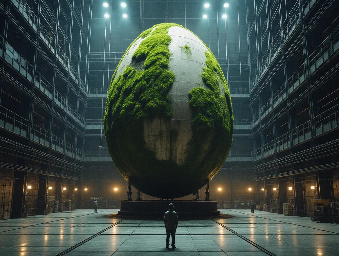 Cinematic close up image of a low ground shot. Camera angle looks up at a huge 50 ft tall hard textured dirty egg with light moss. Egg sitting on flexible hydraulic supports in a dark hanger with cranes, ladders, and metal walkways. Bright spotlights shine on the egg. Small people and a scientist stand close. Hard metal floors and reflections create realism.