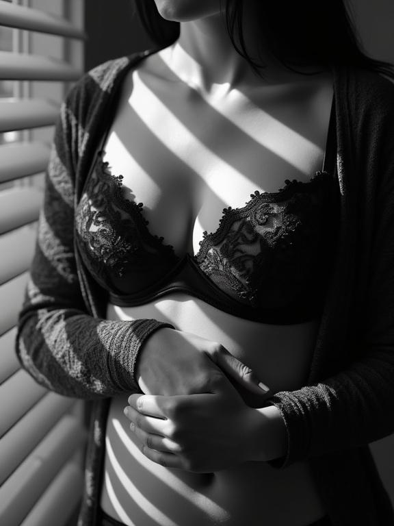 Black and white photo of woman's upper body. She wears lace bra and long-sleeved garment. Right hand grips the bra; left hand is on thigh. Horizontal blinds create shadows across her body. Focus on light and shadow contrast on lace patterns. High contrast enhances textures.