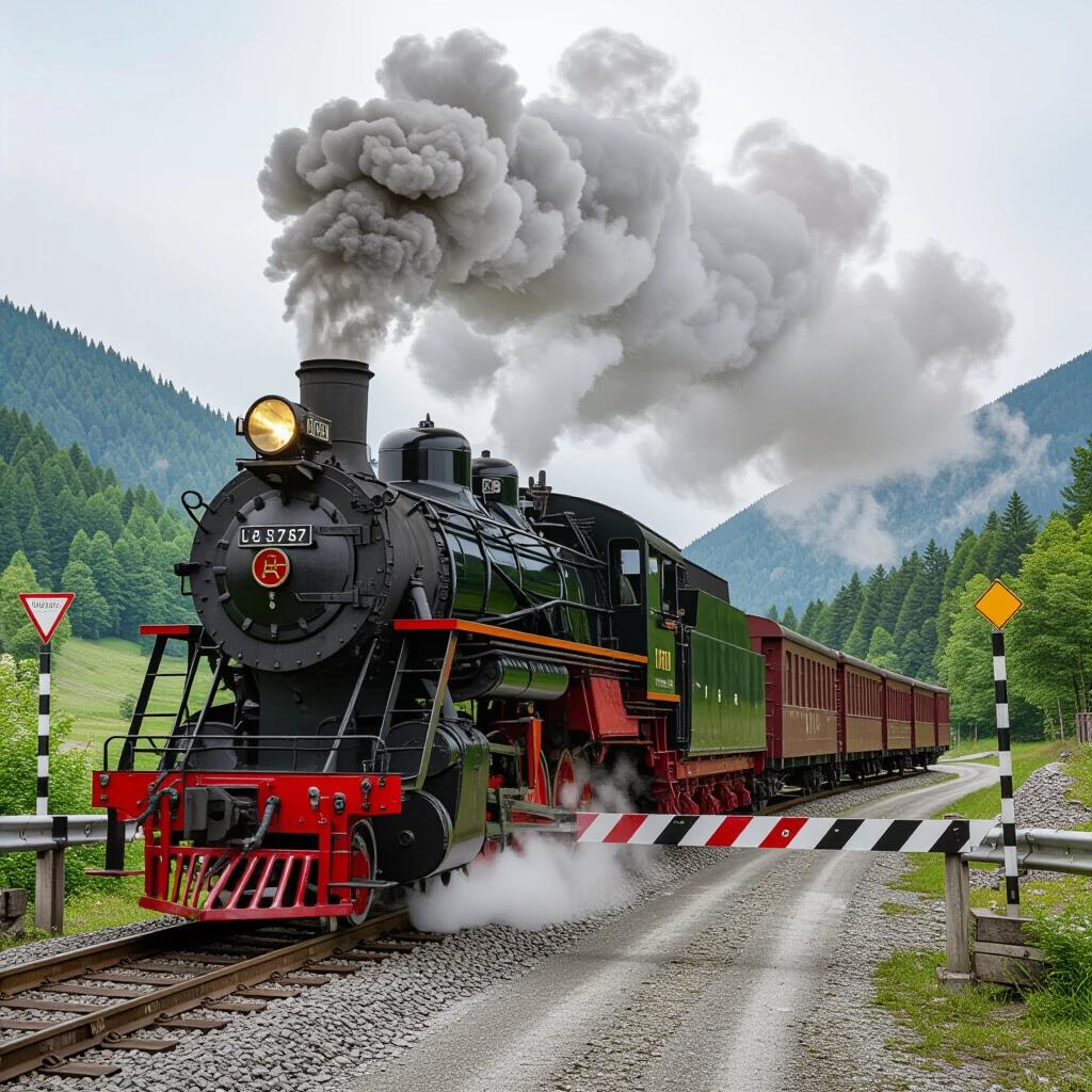 Hyperreal 3D photograph of a gigantic 1870 steam locomotive crossing a mountain road at a railroad barrier in the Romanian Carpathians. Visible rivets, boiler texture, and rust streaks on the locomotive. Volcanic steam plume rises from the stack. Cars stopped behind the barrier are blurred. Background features creamy bokeh of pine forests and distant peaks. Focus on the locomotive with extreme detail, capturing coal dust and water droplets, achieving quantum-level photonic realism.