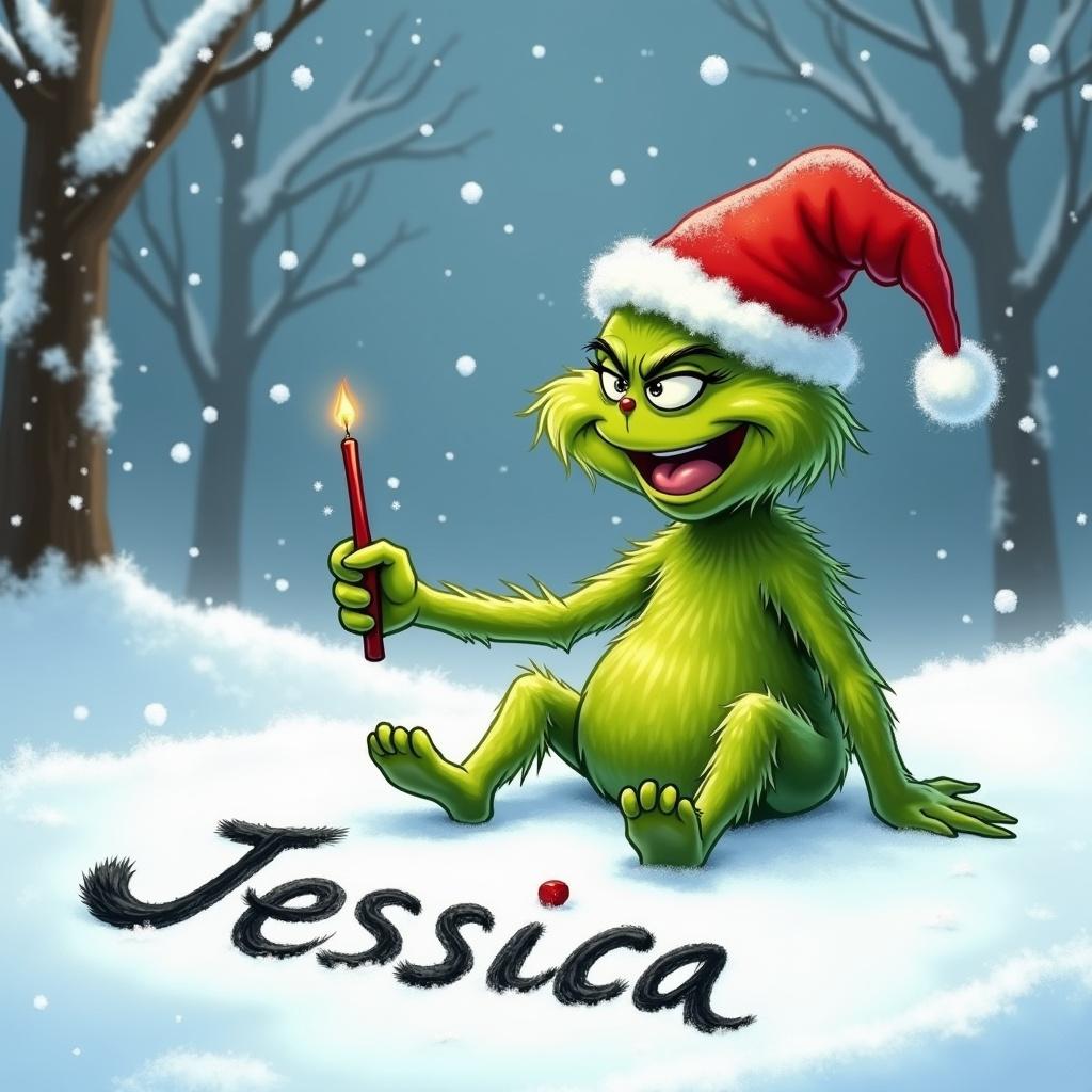 A green creature resembling the Grinch sits in snow. It wears a red Santa hat. The creature joyfully writes the name 'Jessica' in the snow. Background has snowy trees and falling snowflakes.