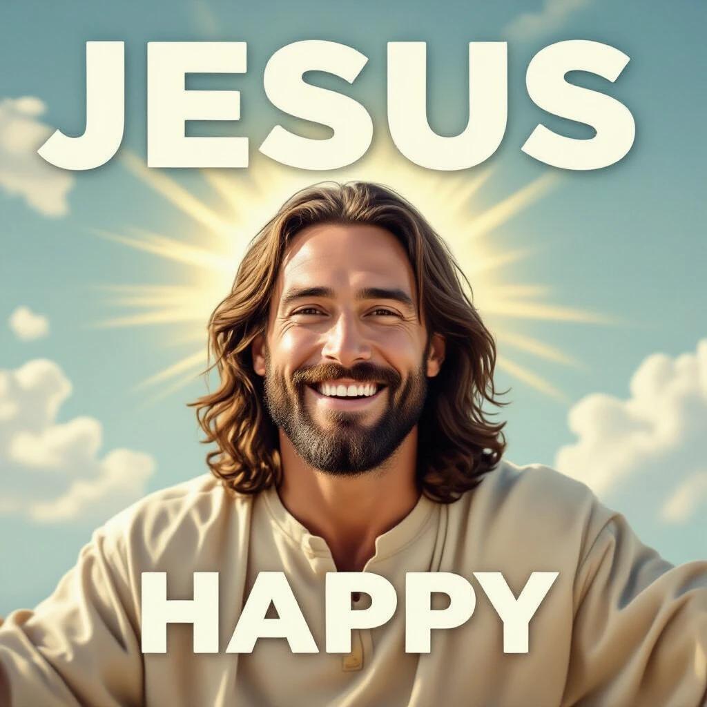 Joyful representation of Jesus with hands raised. Radiant background with a sense of happiness. Emphasis on positivity and spirituality.