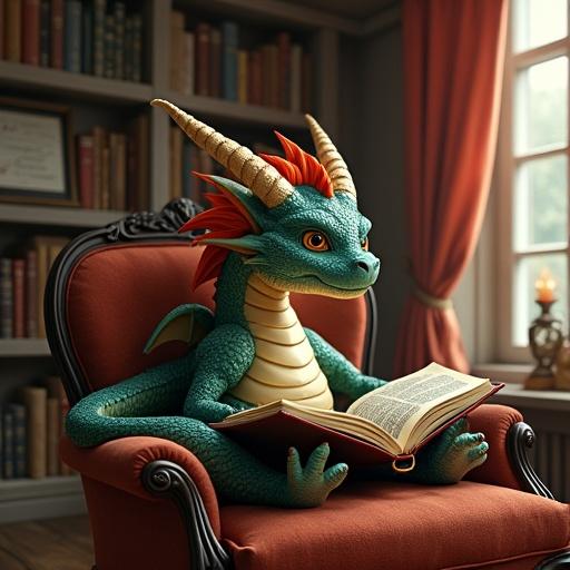 Dragon relaxing in a lair while reading books about wurms. The dragon has vibrant colors and is seated comfortably on a chair. Books are scattered around in a cozy room.