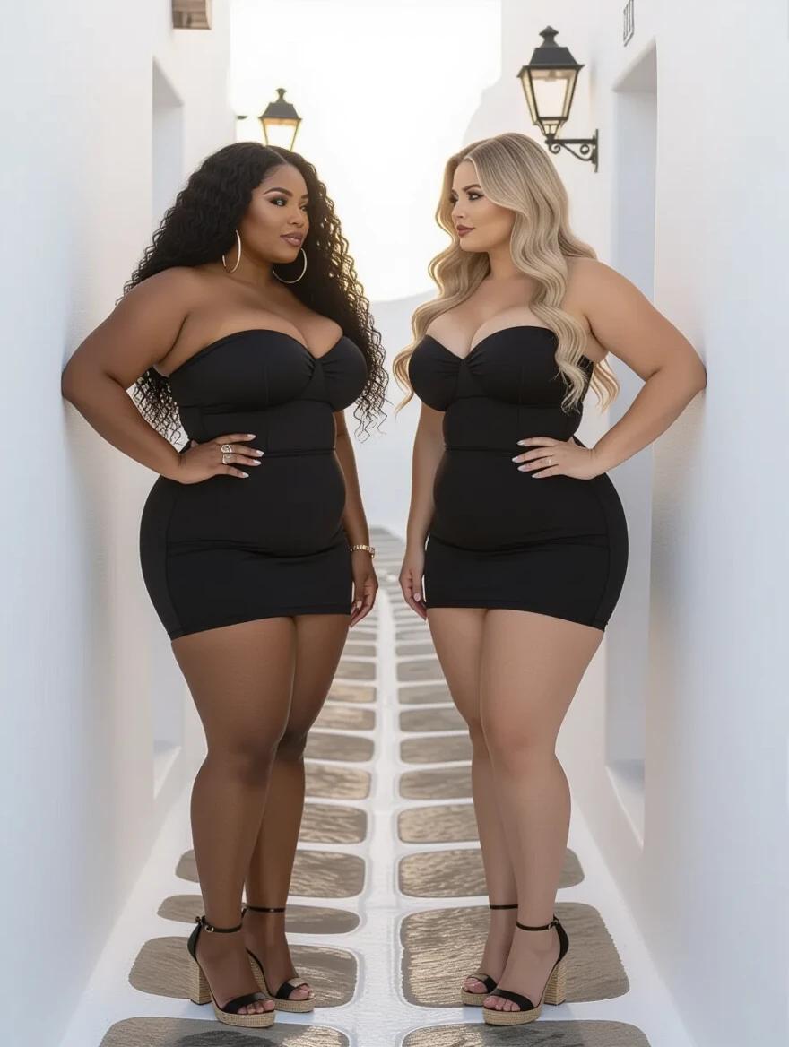 Two bulky women stand facing each other in a narrow Mykonos alley. One woman has long black curly hair while the other has long blonde wavy hair. They wear black strapless bandage dresses showcasing their hourglass figures. They both have espadrille high heels and emphasize their curves. Background features white walls and subtle lighting at sunrise.
