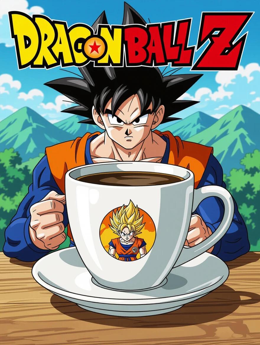 Anime character Goku in Dragon Ball Z with a white coffee cup. Background shows mountains and blue sky.