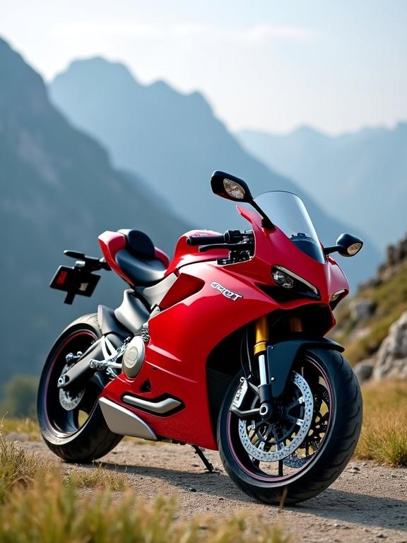 Striking red motorcycle parked on rocky hillside. Stunning mountain backdrop. Sleek and modern design with aerodynamic features. Shiny red paint with black and gold accents. Motorcycle stands out against natural landscape. Surrounding mountains blurred in background. Scene is peaceful with gentle sunlight. Grass nearby illuminated, creating perfect setting for an adventurous ride.