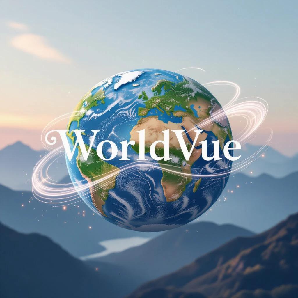 The word WorldVue stylized as an ethereal whispering wind of data. The wind visualized as glowing particles caressing a silhouetted Earth. The atmosphere is calm with soft pastels against a muted background. Soft ambient lighting with an impressionistic style.