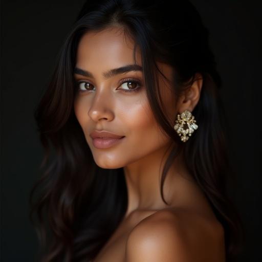 Portrait photo of a 32 year old Indian brunette woman looking at the camera. She wears jewelry and has beautiful eyes. Natural light enhances her natural skin tone against a dark background. Displays a natural fit body in a highly detailed, hyper-realistic style.