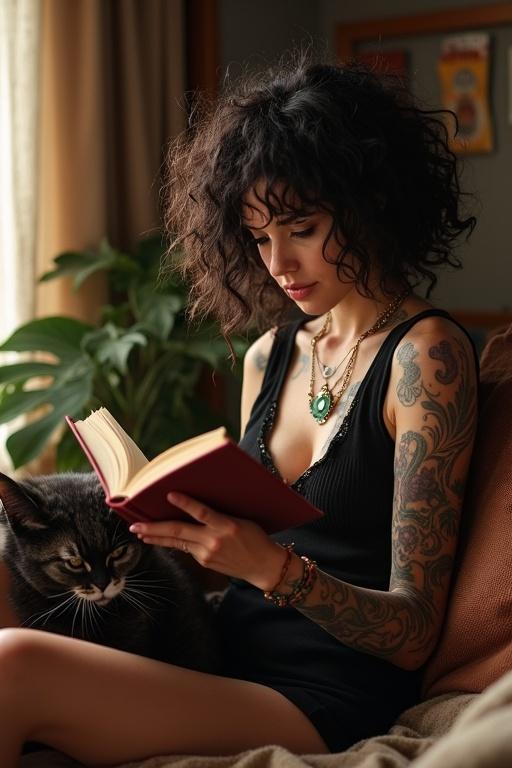 A woman reads a book in a cozy home. She has curly hair and tattoos. A cat rests by her side. Natural light creates a warm atmosphere.