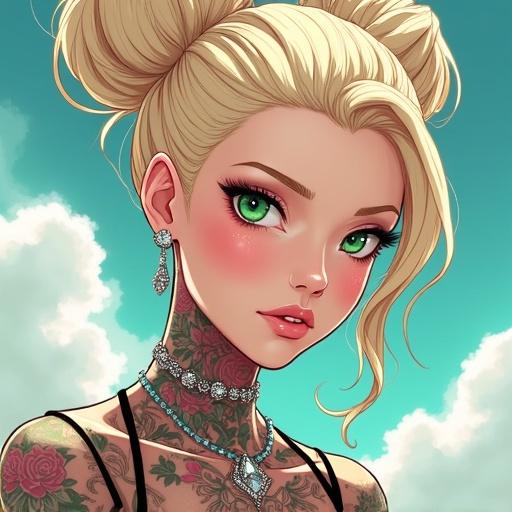 Anime character design featuring a futuristic woman. She has emerald green eyes and a beautiful face. Hair styled in a light blonde French bun. Wearing light pink diamond jewelry. Character is half Japanese and half Saiyan. Displaying a muscular physique with visible abs. Outfit reflects modern high fashion with Chanel prints. Background includes clouds for a dreamy effect.