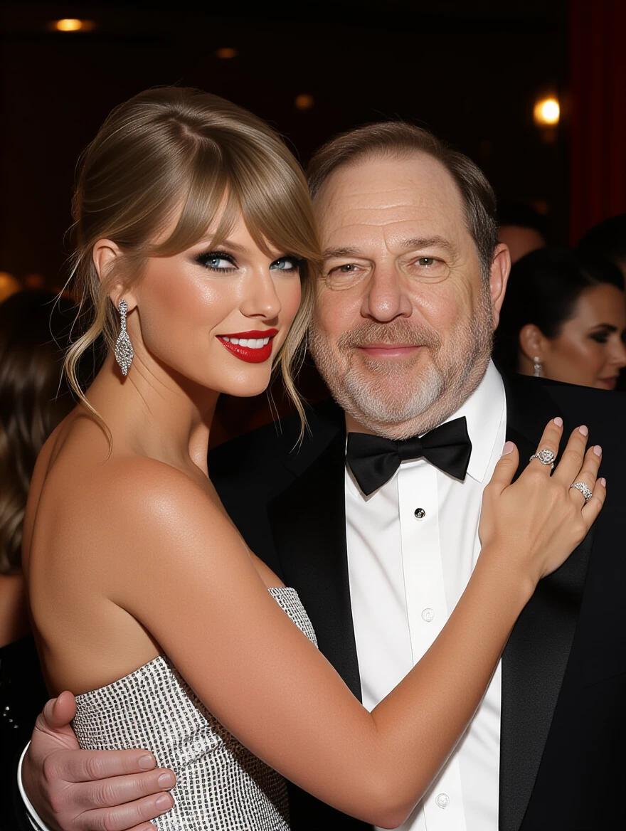 Image depicts two individuals at a party. One is a popular female celebrity with blonde hair in a glamorous attire. The other is an older male figure in formal wear. They are embracing, both smiling at the camera.