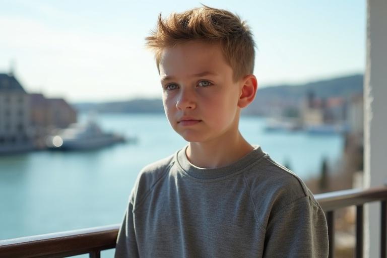 A young boy with a Central European appearance sporting short light brown hair. He is dressed in a casual sweatshirt. The setting shows a beautiful harbor from a balcony on a sunny day, giving an inviting and peaceful atmosphere.