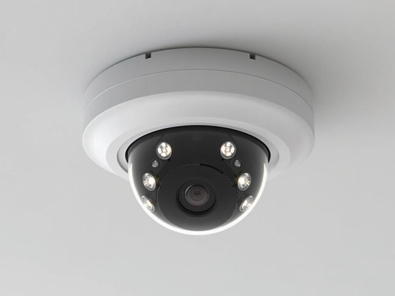 The image shows a dome surveillance camera mounted on a ceiling or wall. It has a white casing that blends in with typical interior colors. The front of the camera features a circular lens, surrounded by several small LED lights. These lights are likely for night vision or low-light recording capabilities. The design is sleek and modern, indicating that it is a contemporary security device.