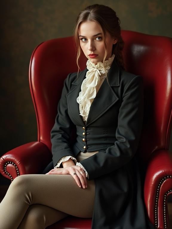 A 19 year old girl with light brown hair and hazel eyes dressed in a 19th century uniform sits confidently on a red leather chair. She displays a large bust and thin waist and has crossed legs.