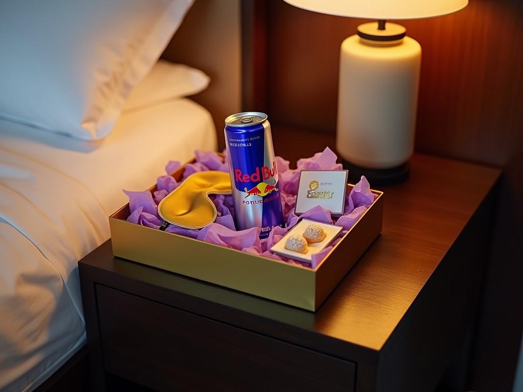 Luxurious hotel room setting on a nightstand. Dark wood furniture alongside a plush bed features an open gold gift box with crumpled purple tissue paper. Contents include a Red Bull Pomelo Edition can, a golden sleep mask, and artisanal bonbons. Warm light from a lamp adds a cozy touch.