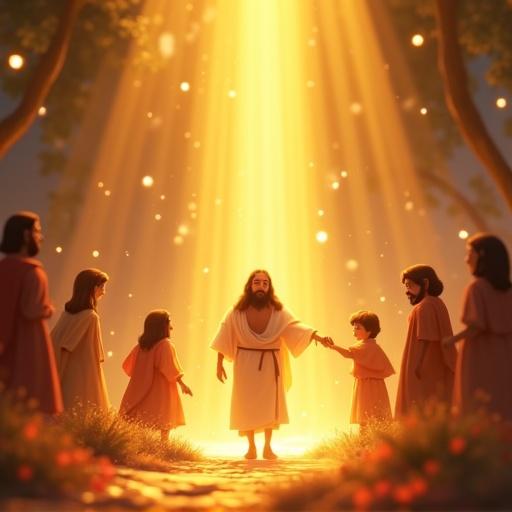 An inspiring Disney Pixar-style scene. Central figure represents Jesus radiating warmth. Surrounding characters express admiration. Magical atmosphere reflects guidance and inspiration. A child stands in golden light holding hands. Shimmering light particles create peace.
