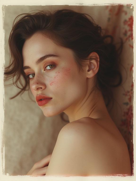 A vintage canvas frame with a white and red sepia border. Artistic high contrast beauty shot of a supermodel in a defined pose. Model has yogurt splashed lips and body, captured with collodion photography. The lighting is diffused, and the angle is low, taken with a Hasselblad 500CM and Voigtländer Nokton 50mm f1.1 lens, in the style of Richard Avedon. The image is ultra-detailed and has a slightly sepia tone.