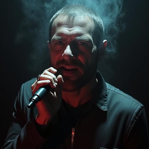 Stylish concert print in a dark theatrical aesthetic inspired by KnyazZ. Mysterious silhouette of Andrey Knyazev is shown from the back against a dark background. Yellow-orange rays of light pierce through the semi-transparent figure, creating a dynamic stage lighting effect. Iconic line from the song 'Лучше промолчи, прошлое забудь' appears in a rough handwritten font reminiscent of old 'Korol i Shut' posters. Red 'KnyazZ' logo is at the bottom, contrasting with the dark background. Overall mood is mysterious, nostalgic, embracing the energy of live concerts.