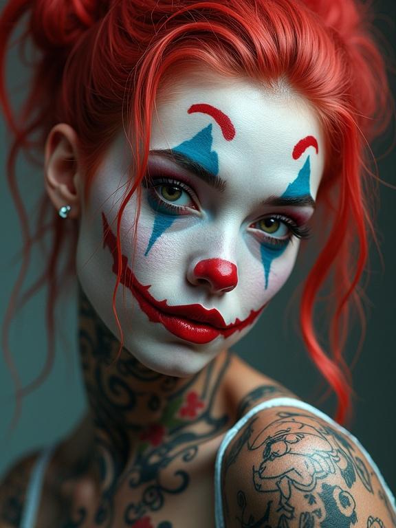 Digital portrait of a young woman with clown makeup and tattoos. The artwork combines futuristic elements with bright colors and focused lighting.